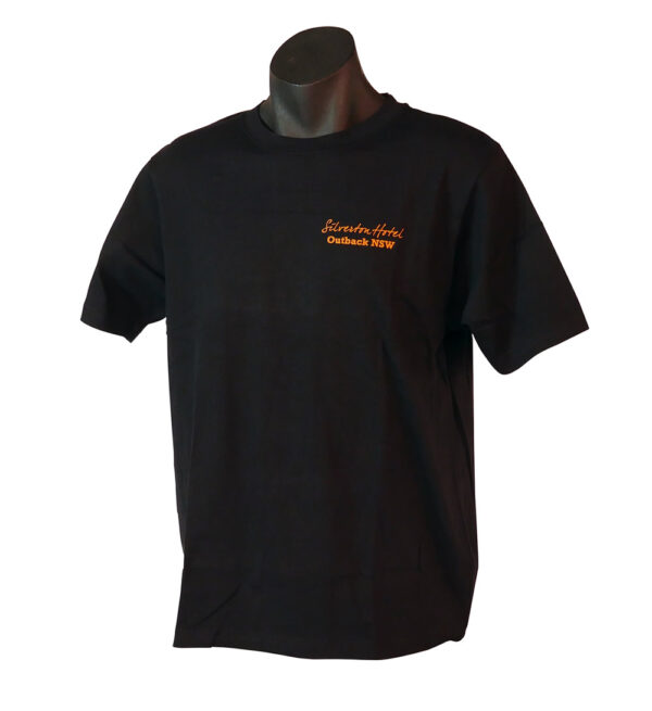 Black T-Shirt Silverton Hotel T-Shirt with orange logo "the Home of Madmax"