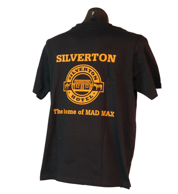 Black T-Shirt Silverton Hotel T-Shirt with orange logo "the Home of Madmax"